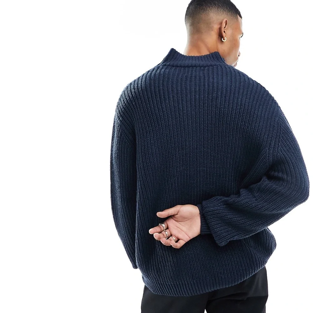 Asos Design Oversized Knitted Fisherman Rib 1/4 Zip Sweater Navy Small - Picture 2 of 6
